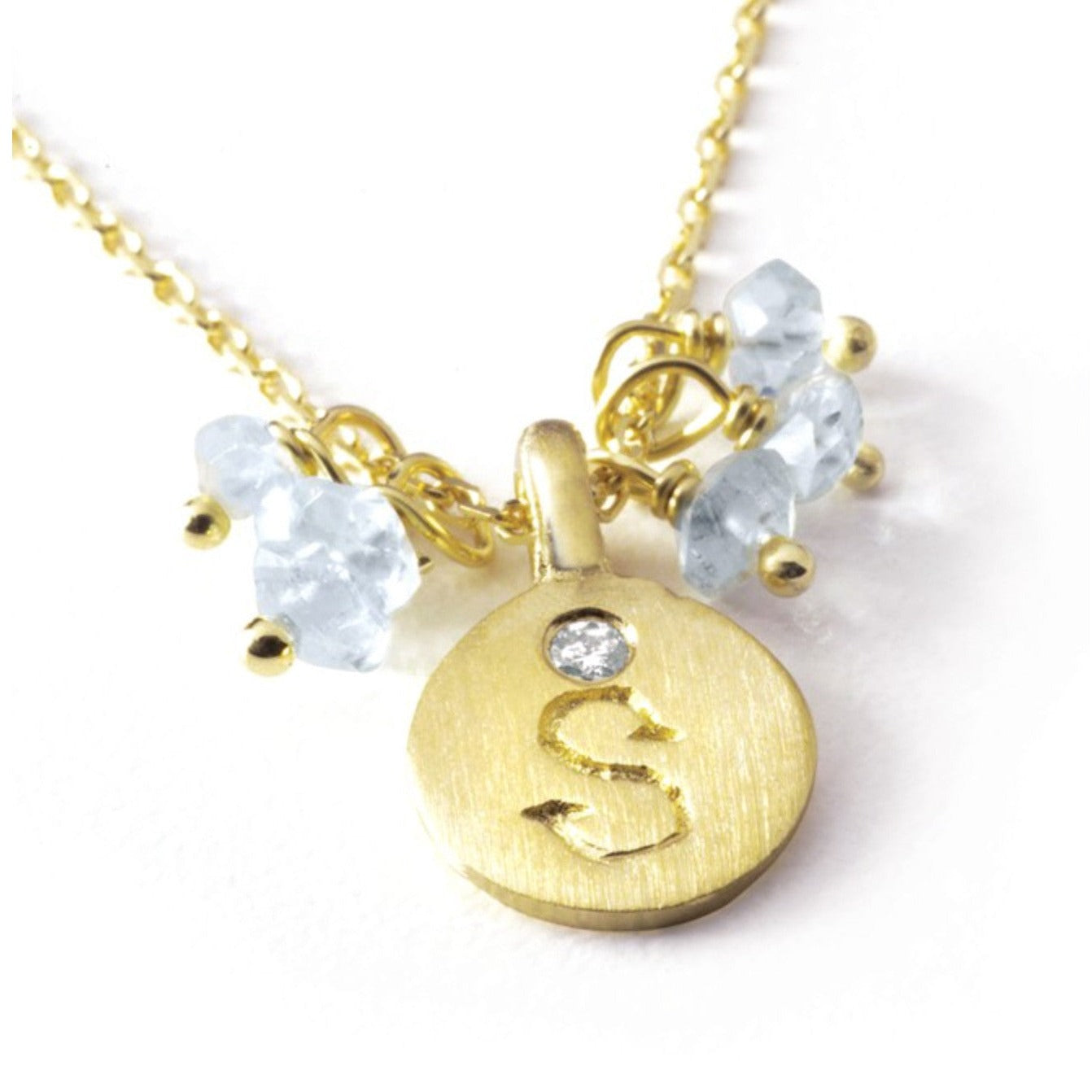 Love Letter necklace, 14kt yellow gold with Aqua adornment