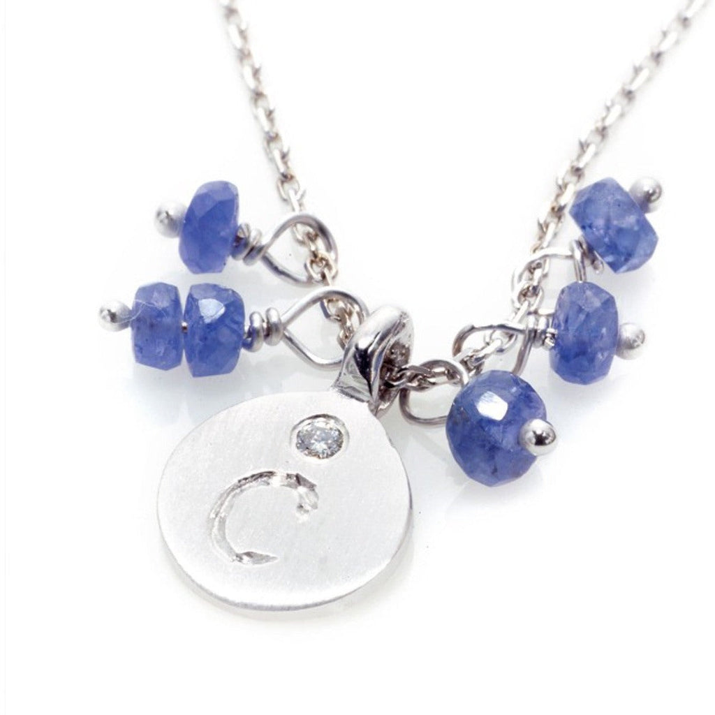 Love Letter necklace, 14kt white gold with Blue Sapphire adornment