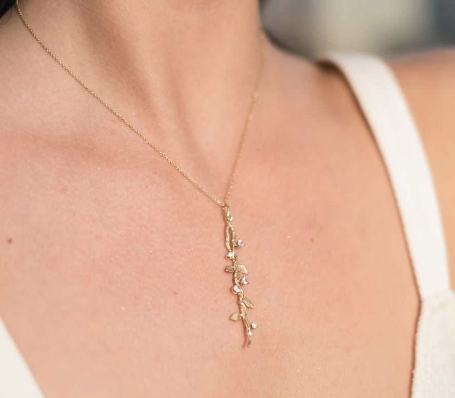 Twisted Branch Diamond and Sapphire Yellow Gold Necklace