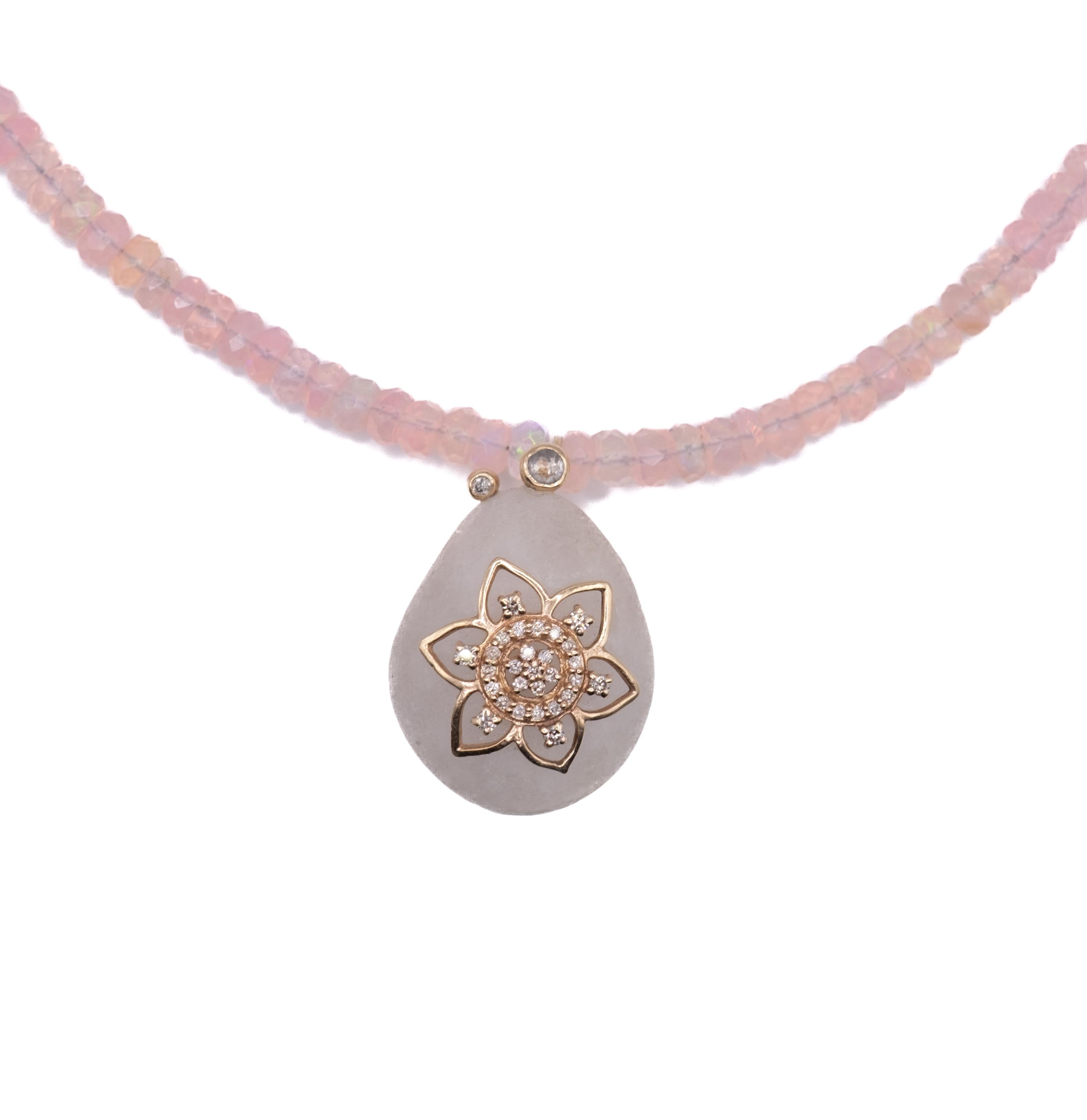 18K Gold & Pink Opal Mandala Necklace with Diamonds
