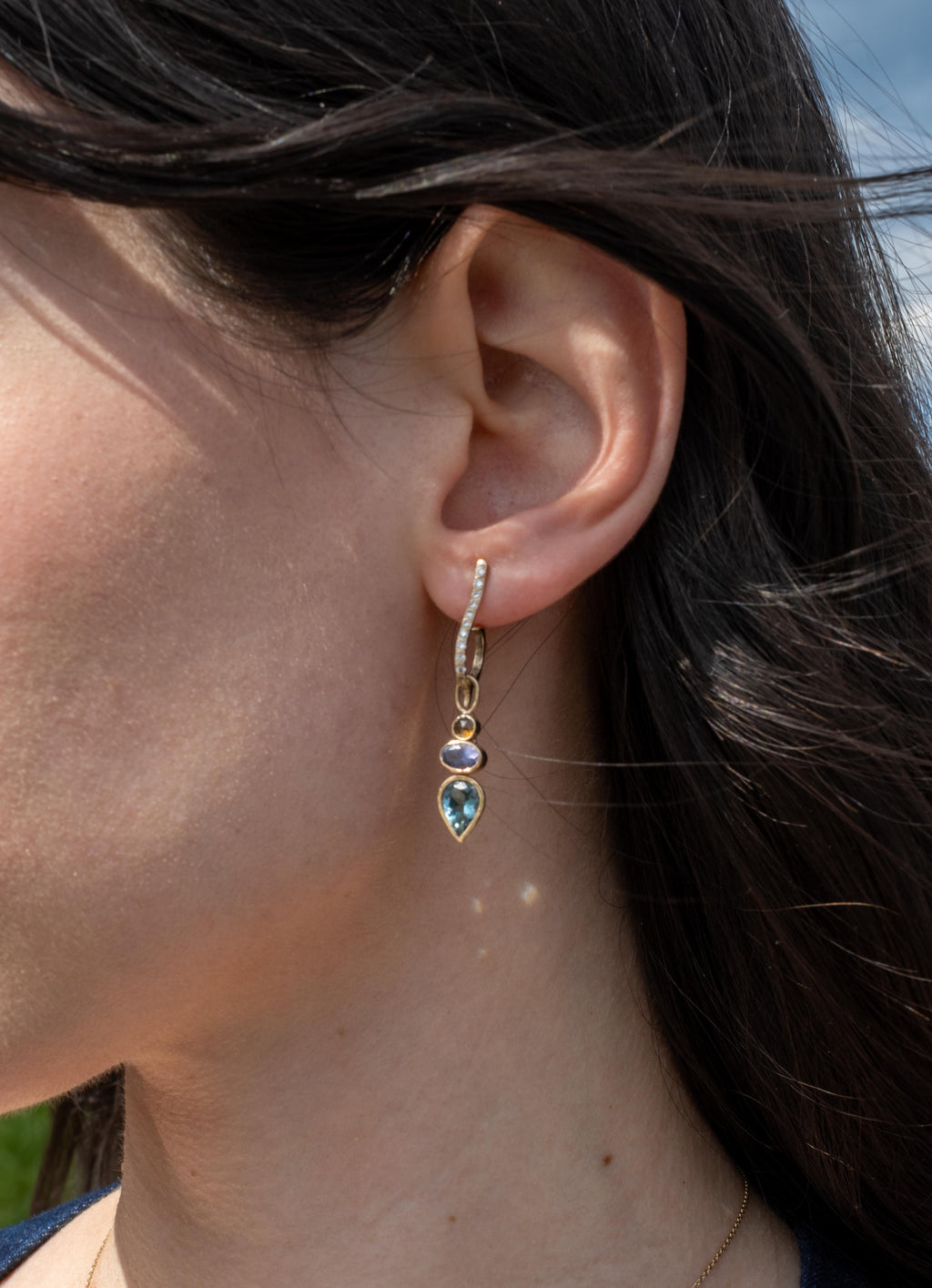 18K Gold, Iolite & Blue Topaz Diamond Drop Earrings
