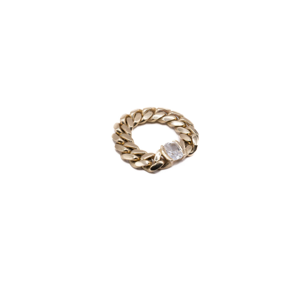 18K Gold Cuban Link Ring with Cushion-Cut Stone