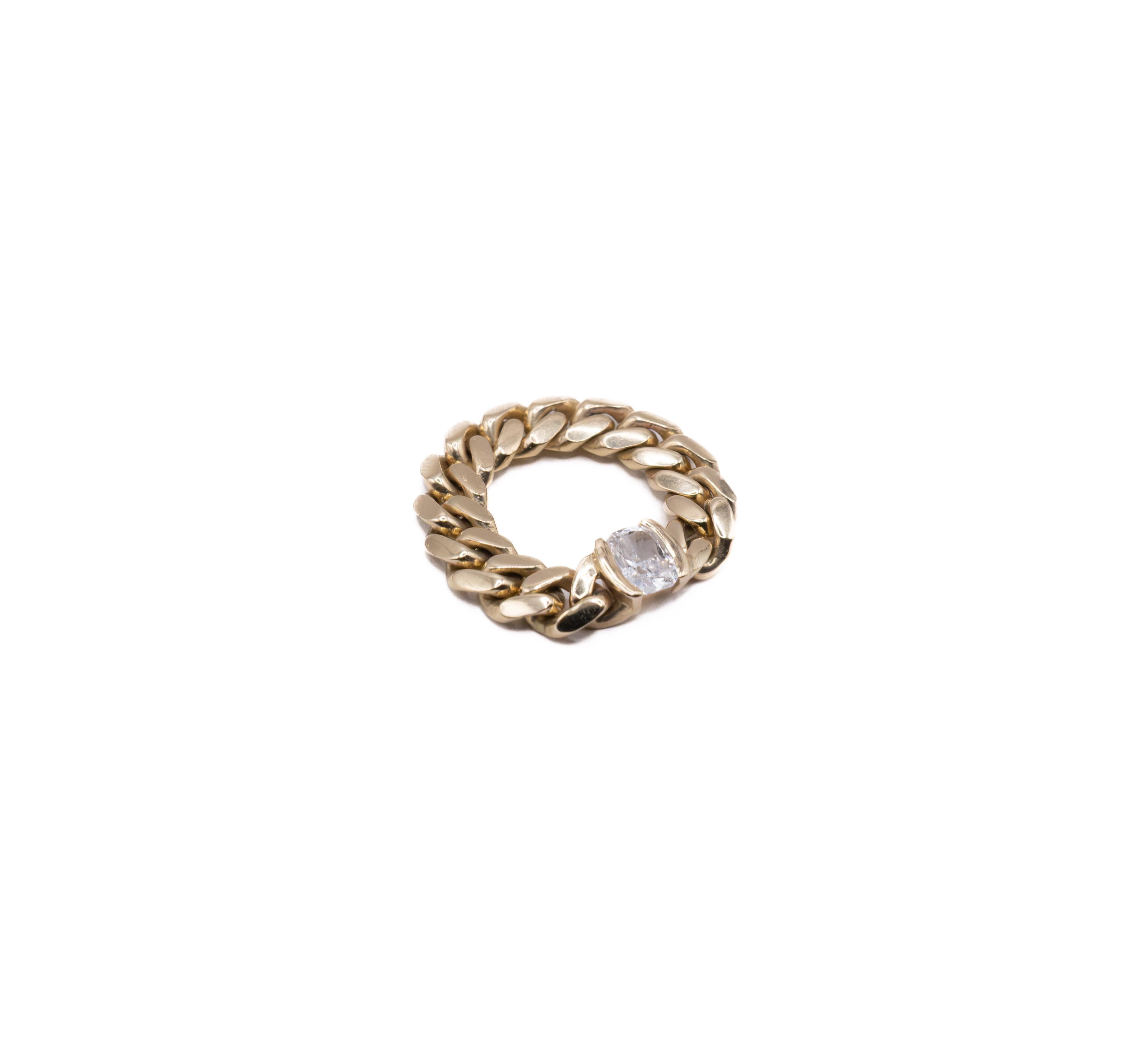18K Gold Cuban Link Ring with Cushion-Cut Stone