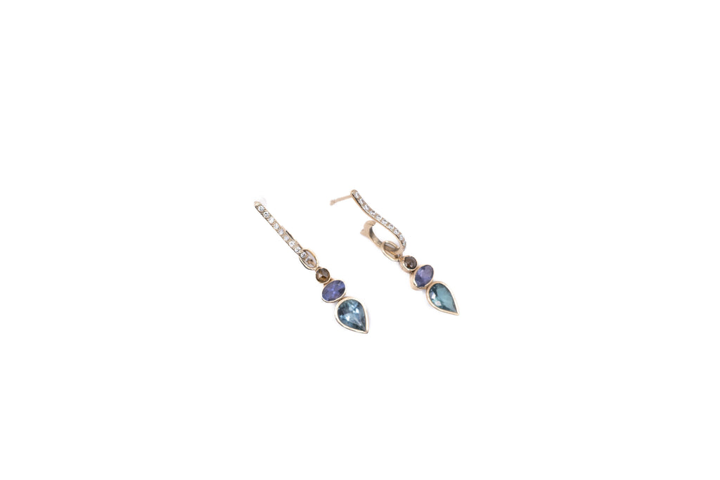 18K Gold, Iolite & Blue Topaz Diamond Drop Earrings