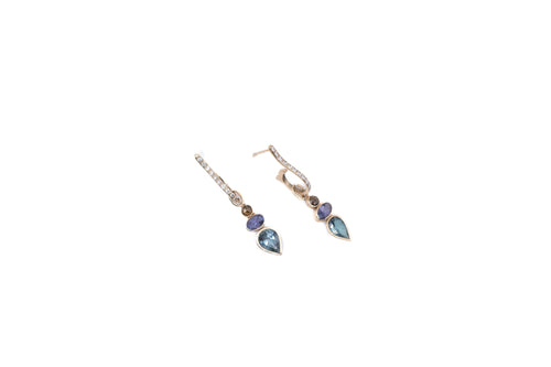 18K Gold, Iolite & Blue Topaz Diamond Drop Earrings