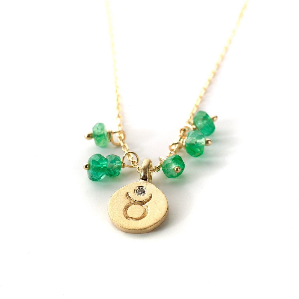 Taurus zodiac Love Letter charm in 14kt yellow gold with emerald dangles