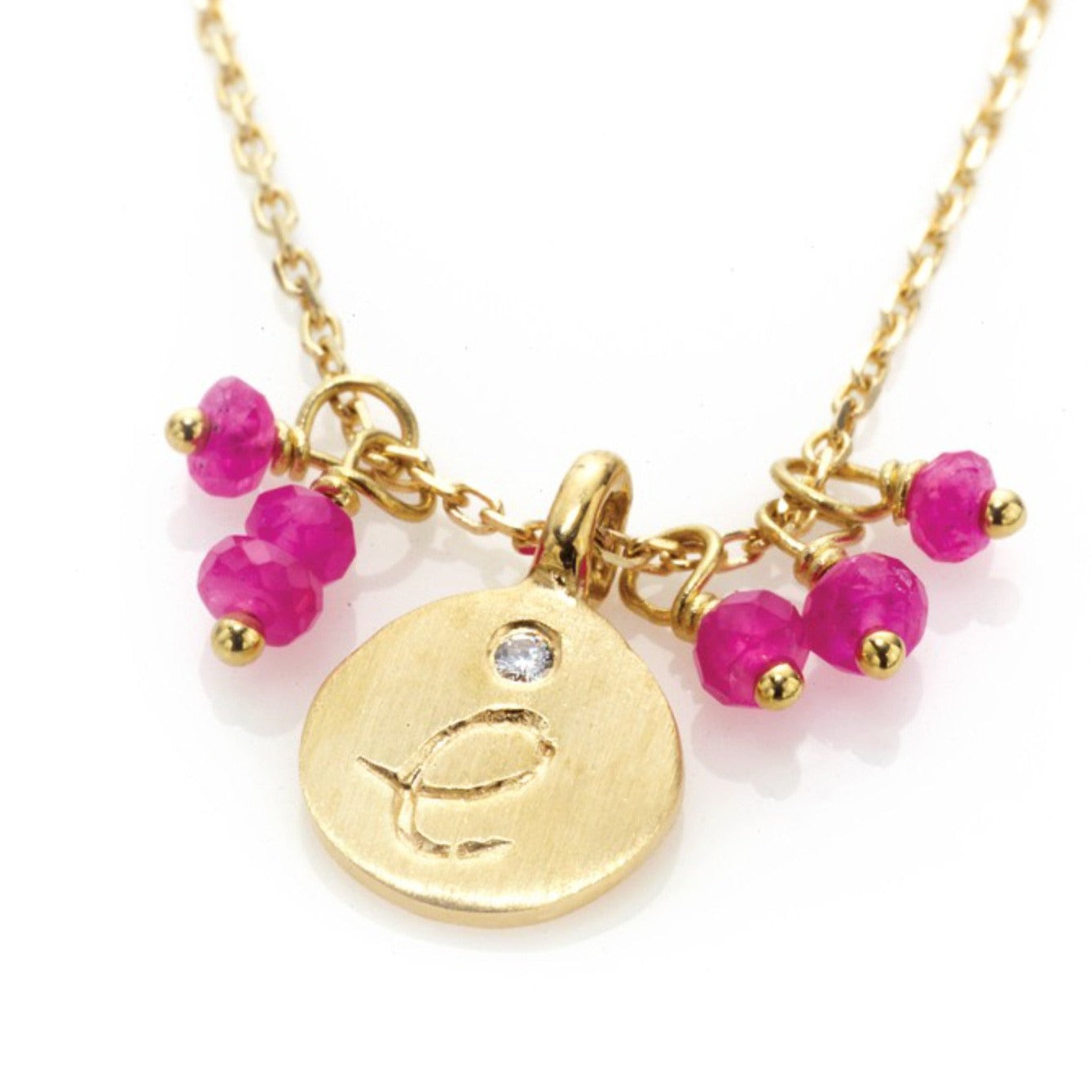 Love Letter necklace, 14kt yellow gold with Pink Sapphire adornment
