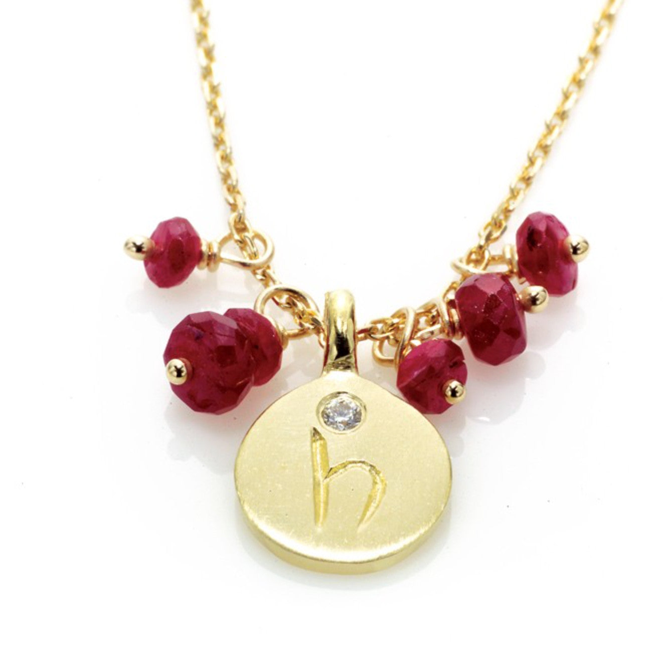 Love Letter necklace, 14kt yellow gold with Ruby adornment
