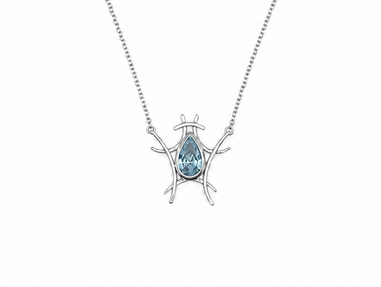 Scarab necklace in sterling silver with a pear-cut blue topaz